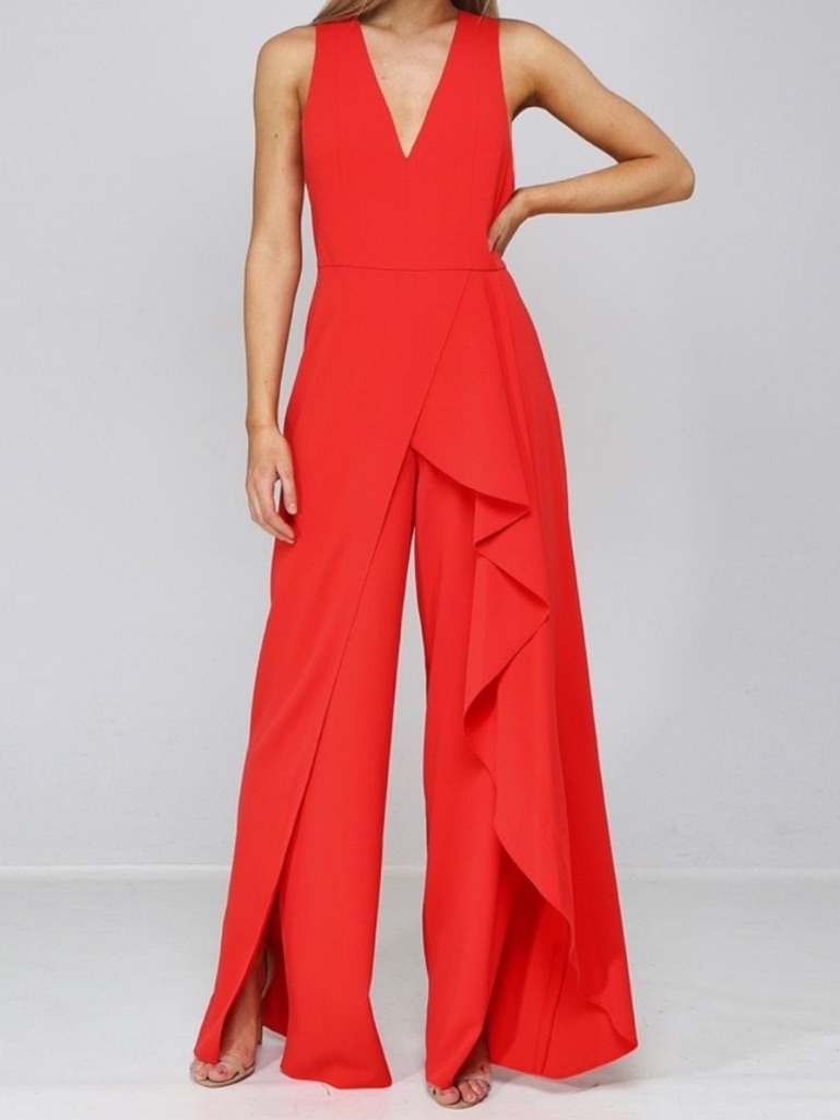 Alice + Olivia Gale Jumpsuit Poppy Red 8 Wide Leg Ruffle Draped Formal Evening